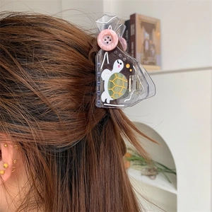 Japanese style transparent hair claw clip with cute green turtle and pink button accent
