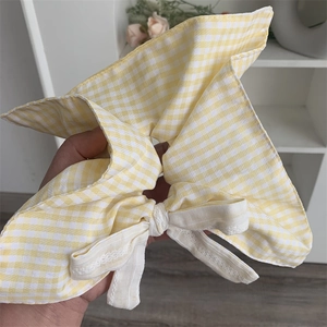 Yellow checkered bow hair scrunchie with lace details in fresh pastoral style for women