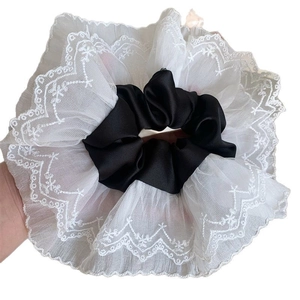 French oversized double-layered lace scrunchie with white embroidery and black satin core