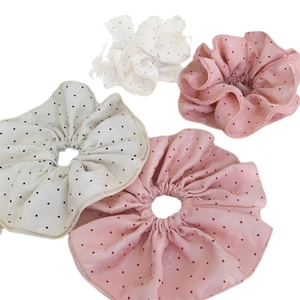Polka dot oversized hair scrunchies set in pink and beige chiffon fabric, 4-piece pack