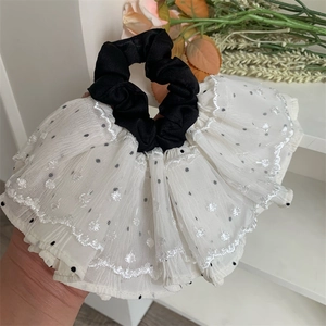 French Retro Polka Dot Lace Scrunchie Large Mesh Flower Embroidery Hair Tie Sweet Black White Contrast Hair Accessories For Women