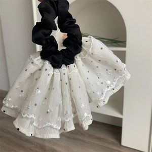 Chic black and white lace scrunchie with polka dots and embroidery for women