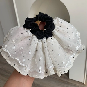 Lace white polka dot scrunchie with elegant embroidery and vintage mesh fabric styling