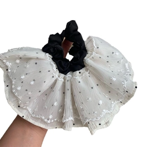 Chic oversized white polka dot mesh scrunchie with black elastic and floral embroidery