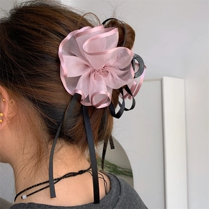 Elegante Pinza per Capelli con Fiore in Organza e Lungo Fiocco di Nastro Nero Stile Coreano Accessori per Capelli Floreali Donna