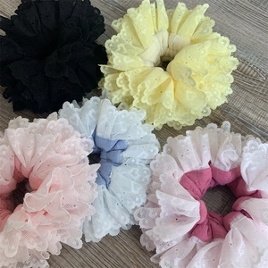 Set of 5 Korean style lace layered scrunchies in assorted pastel and black colors