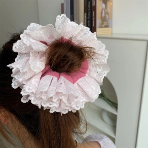 Pink and white lace oversized scrunchie for women with elegant layered embroidery details