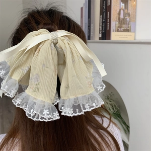 Elegant large beige pleated chiffon bow hair claw with lace trim and pearls for women