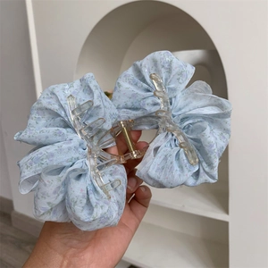 Elegant light blue floral fabric bow shark hair claw clip for women's hairstyles