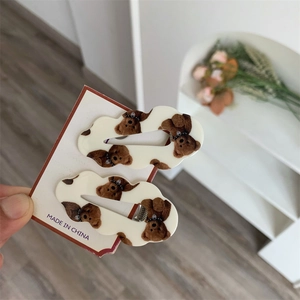 Gros plan de barrettes nuage avec motif ours en résine mate sur carte de support
