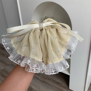 Korean style floral lace bow hair claw clip with yellow fabric and pearl accents