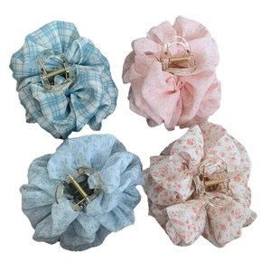Set of four floral fabric hair claws with chiffon patterns and acrylic shark clips