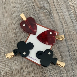 Set of four creative playing card hair clips with marble patterns and inlaid rhinestones