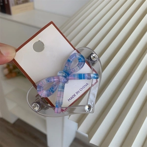 Sweet acrylic heart hair clip with colorful plaid bow and sparkling rhinestones