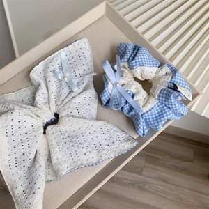 Blue plaid and lace bow scrunchies set with pearl details for elegant hairstyling