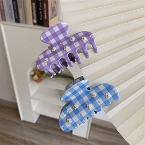 Elegante Pinza per Capelli in Acetato Con Motivo a Quadretti Gingham Fiori 3D Strass Shark Clip Accessori per Capelli Donna