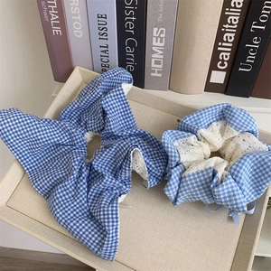 Literary Vintage Blue Gingham Bow Scrunchie With White Eyelet Lace Artificial Pearl Ribbon Hair Tie Women Fresh Hair Accessories