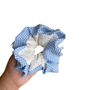 Blue plaid and white lace patchwork scrunchie for women stylish hair accessory