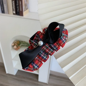 Vintage Red Plaid Bowknot Hair Claw Clip For Women Elegant Fabric Bow Hair Accessories With Faux Artificial Pearl Shark Clip Hairpin
