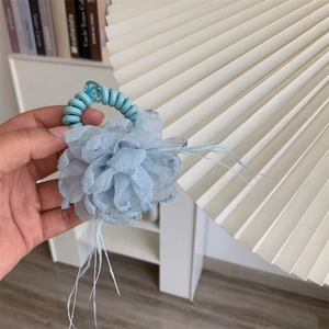 Fairy style light blue telephone wire hair ring with feather and flower decor