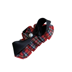 Vintage red plaid bow hair claw with elegant black ribbon and pearl center detail