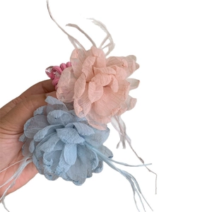 Fairy style fabric flower hair tie with feathers and beads for ponytails