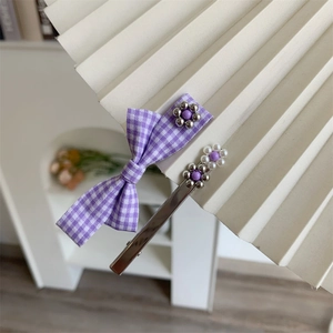 Set di fermagli per capelli con fiocco a quadretti viola e fiori stile coreano