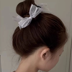 Elegant white lace bow scrunchie for bun hairstyles featuring delicate scalloped edges
