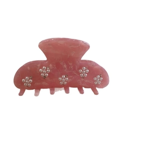 Pince à cheveux élégante en acétate rose avec motifs de fleurs en perles et strass brillants