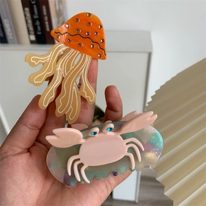 Fresh Marine Life Acetate Jellyfish Crab Hair Claw Clip Women Rhinestone Embellished Iridescent Fairy Style Hair Accessory
