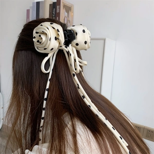 Pince à Cheveux Rose à Pois Élégante Avec Longs Rubans Nœud en Mousseline Style Rétro Français Accessoires de Coiffure pour Femmes