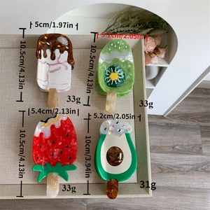 Detailed size chart for acetate fruit and ice cream hair claws with precise dimensions