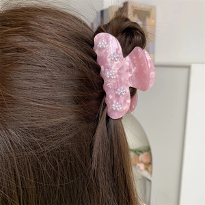 Haarklammer Im Koreanischen Stil Süß Rosa Marmor Acetat Für Damen Kunstperlen Strass Blume Shark Clip Haarschmuck
