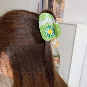 Creative ice cream shaped acetate hair claw clip with green kiwi pattern and marble texture