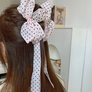 Large Polka Dot Bow Hair Claw Clip With Long Ribbon Tassel Korean Style Chiffon Fabric Rhinestone Hair Accessory For Women