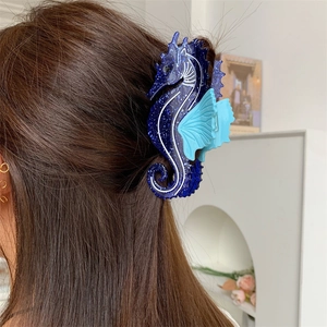 Pince à cheveux hippocampe bleue avec paillettes argentées pour coiffure femme