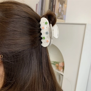 Pince à Cheveux Douce en Acétate Blanc Crème Avec Fleurs 3D Colorées et Strass Grande Pince Requin pour Femmes Accessoires de Coiffure