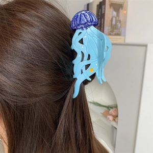 Pince à Cheveux en Acétate Vie Marine Forme Hippocampe Méduse Bleu Paillettes Fait Main pour Femmes Vacances Quotidien