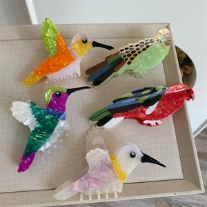Top view of five colorful acetate hummingbird and parrot hair claws in a beige tray