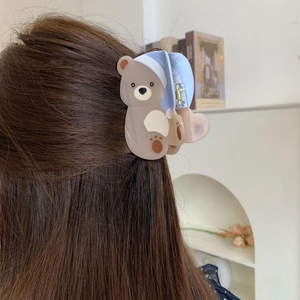 Creatieve beren haarklem met blauwe slaapmuts voor vrouwen met lang haar