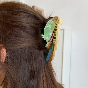 Detailed close-up of a colorful parrot-shaped acetate hair claw clip on brown hair