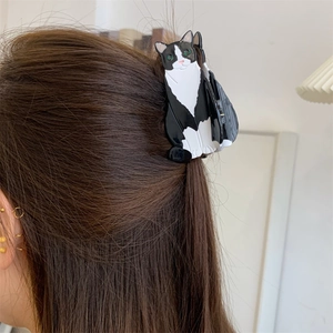 Creative black and white tuxedo cat acetate hair claw clip for women stylish updos