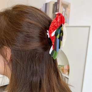 Colorful hummingbird parrot hair claw clip in acetate for women with long brown hair