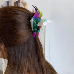 Colorful hummingbird cellulose acetate hair claw clip showing realistic feather textures