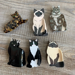 Detail view of six cute acetate cat hair claws in various feline patterns and colors