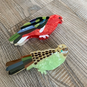 Detail of small hummingbird and parrot acetate hair claws on a wooden surface