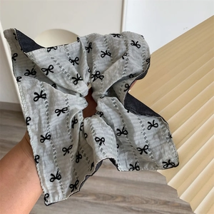 Vintage oversized grey scrunchie with black bow embroidery and ruffled texture