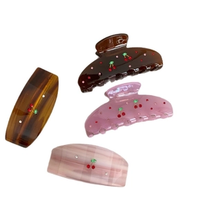 Elegant Korean style hair claw set with sparkling cherry rhinestone patterns on acetate