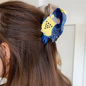 Colorful parrot acetate hair claw clip with blue and yellow patterns in dark hair