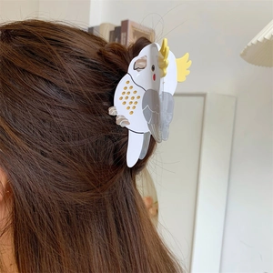 Detailed view of parrot acetate hair claw clip styled in a partial updo hairstyle